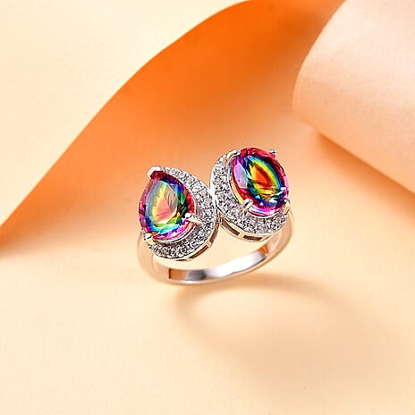 Nebula Quartz Doublet & White Zircon Ring in Rhodium Overlay Sterling Silver 4.37 Ct.