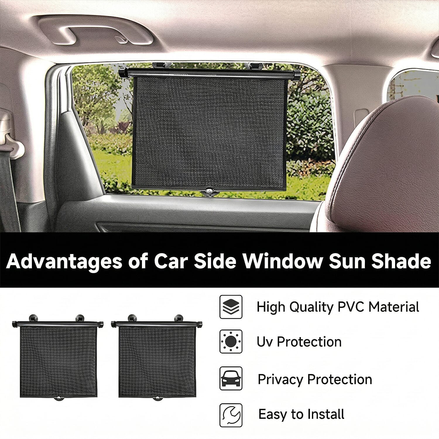 Set of 2- Foldable Car Sun Shades for Windows - Black
