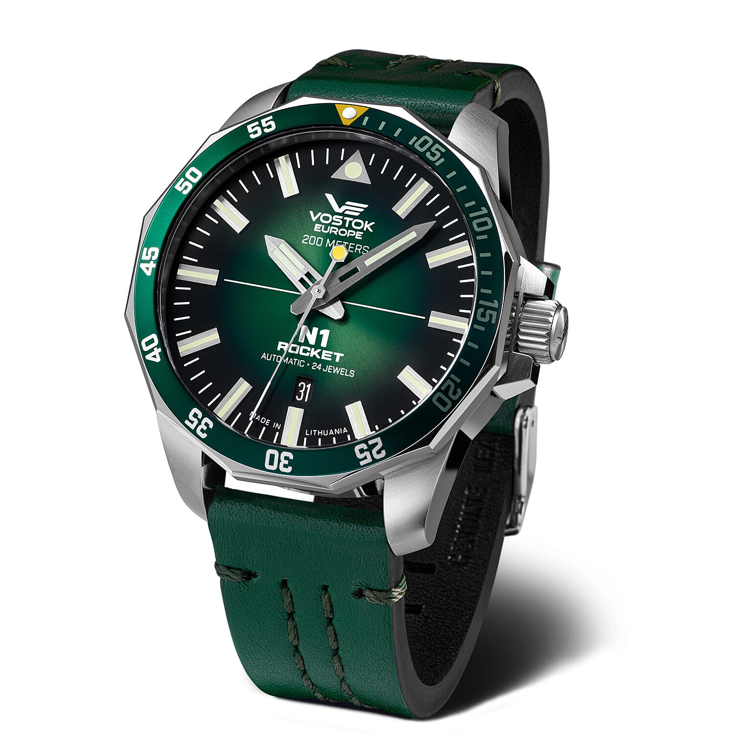 VOSTOK EUROPE Rocket N1 Automatic Movt. 20ATM WR Mens Watch with Green Leather Strap