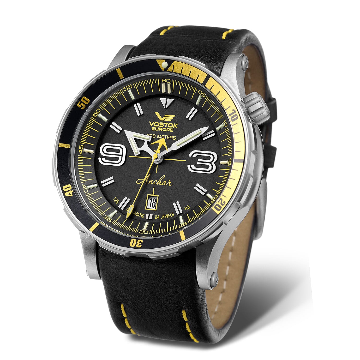 VOSTOK Anchar Automatic Movt. 30ATM WR Matt Finish Mens Watch with Black Leather Strap - Yellow