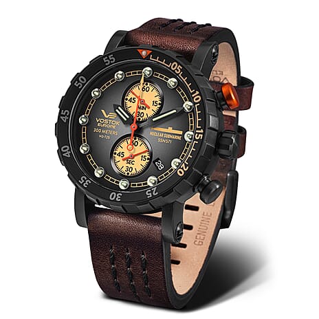 VOSTOK EUROPE Nuclear Submarine Quartz Movt. 30ATM WR Black PVD Mens Watch with Brown Leather Strap