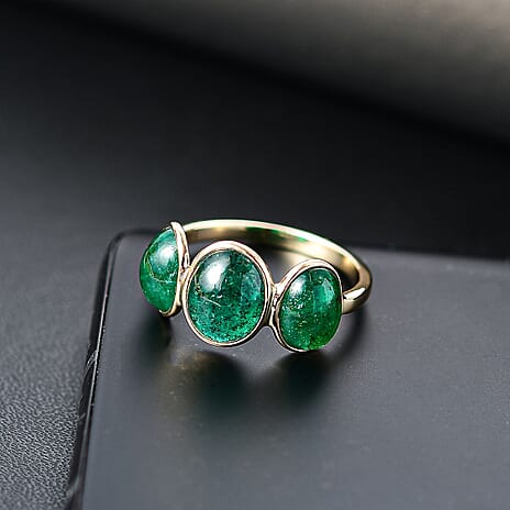 First Time Ever - 14K Yellow Gold Premium Cabochon Emerald Trilogy Ring 5.11 Ct