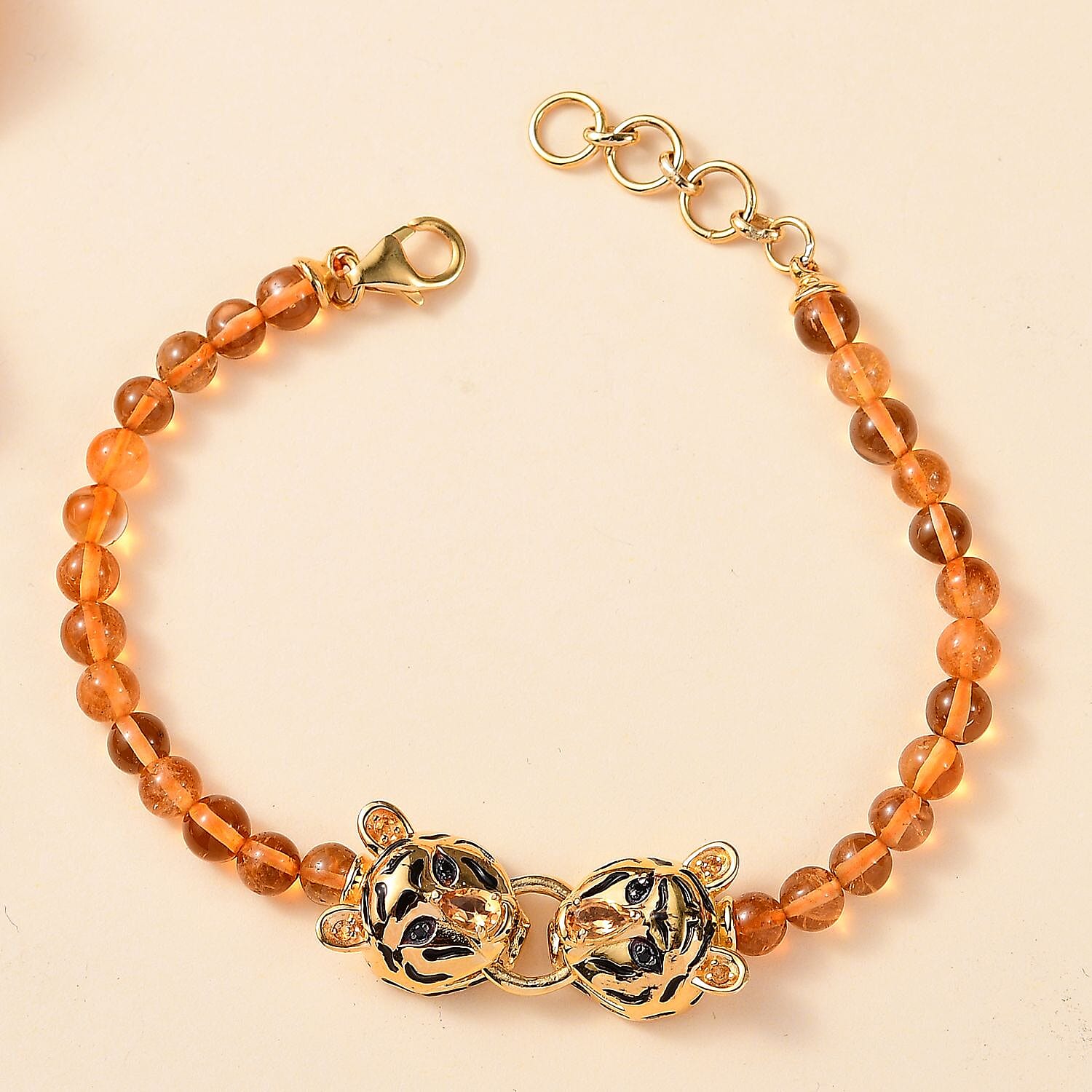 GP Tiger Totem Collection - Citrine & Black Spinel Tiger Head Bracelet (Size 7) in 18K Vermeil Yellow Gold Plated Sterlng Silver 36.66 Ct.