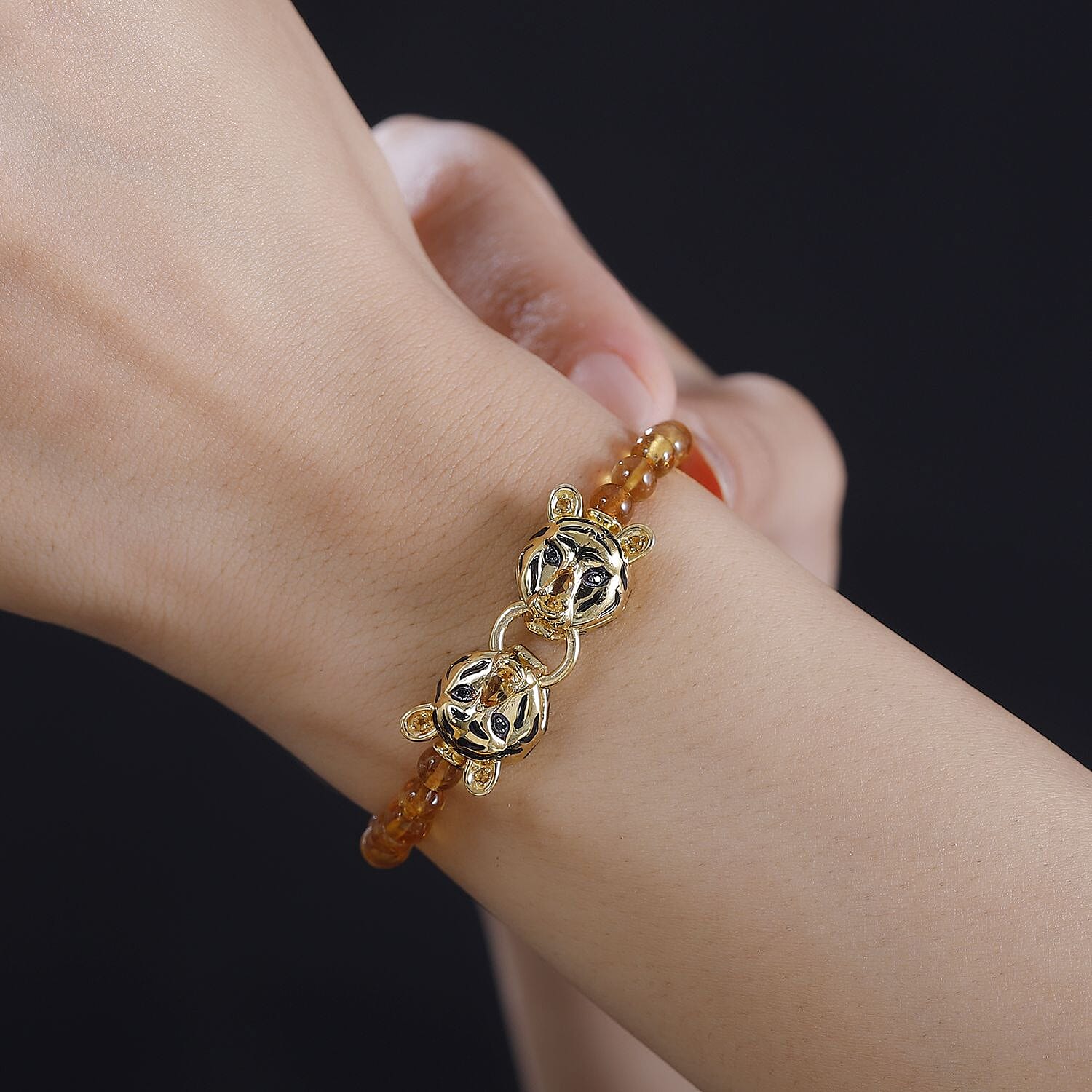 GP Tiger Totem Collection - Citrine & Black Spinel Tiger Head Bracelet (Size 7) in 18K Vermeil Yellow Gold Plated Sterlng Silver 36.66 Ct.
