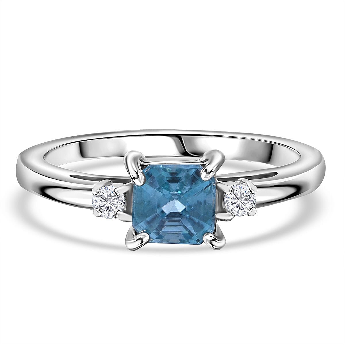 Blue Zircon & Moissanite Ring in Rhodium Overlay Sterling Silver 1.35 ct