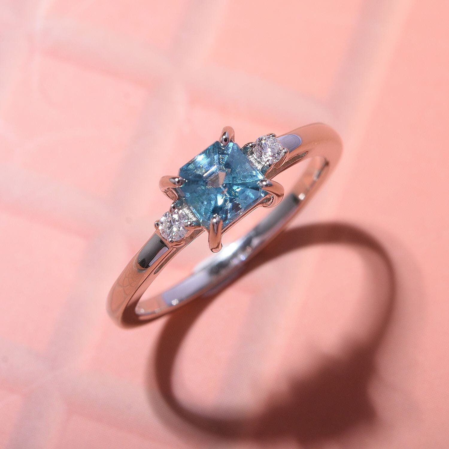 Blue Zircon & Moissanite Ring in Rhodium Overlay Sterling Silver 1.35 ct