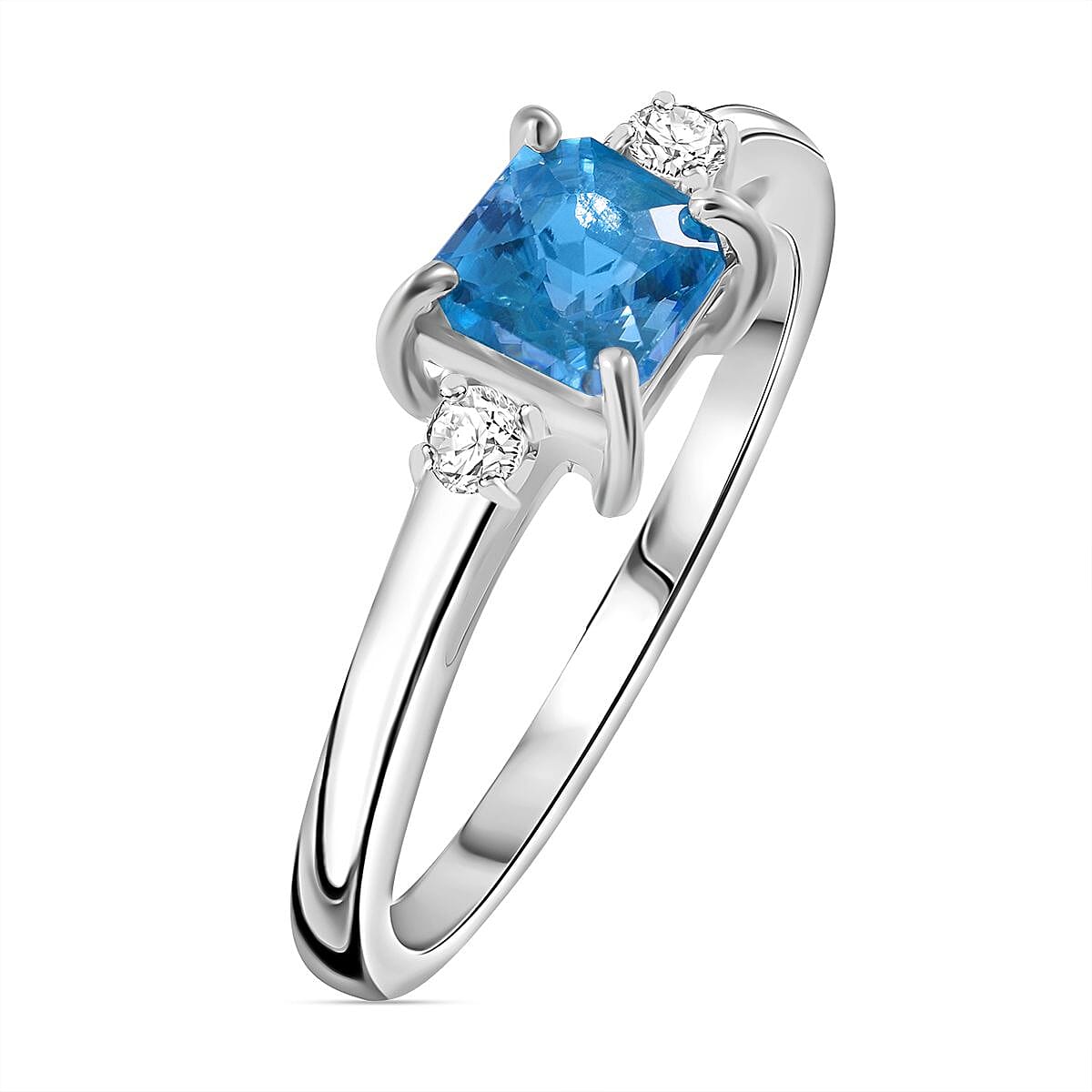 Blue Zircon & Moissanite Ring in Rhodium Overlay Sterling Silver 1.35 ct