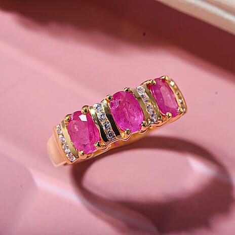 Gemfields Montepuez Ruby & White Zircon Ring in Vermeil Yellow Gold Plated Sterling Silver 1.84 Ct