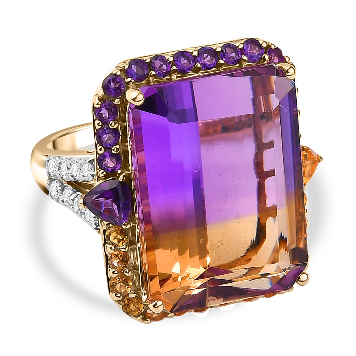 9K Yellow Gold AAA Ametrine, Citrine, Moissanite & African Amethyst Ring 22.46 Ct, Gold Wt.5.23 Gms