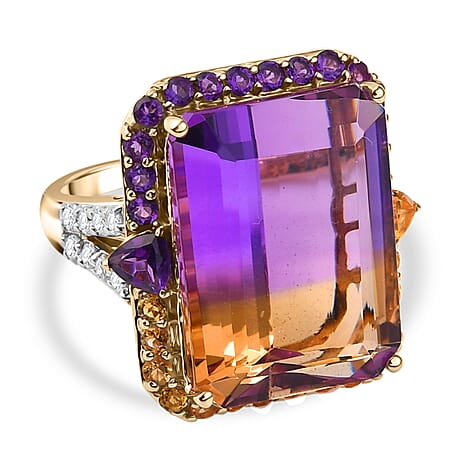 9K Yellow Gold AAA Ametrine, Citrine, Moissanite & African Amethyst Ring 22.46 Ct, Gold Wt.5.23 Gms
