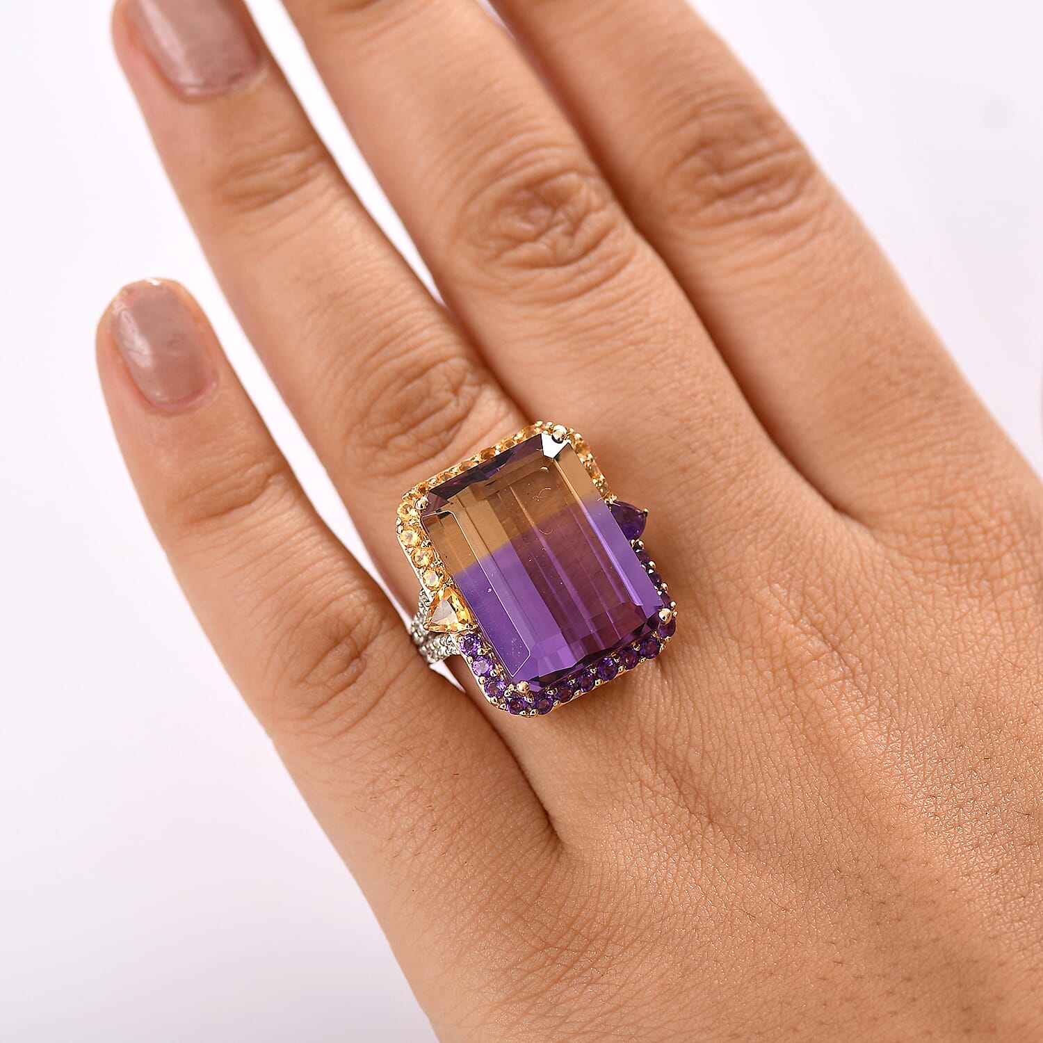 9K Yellow Gold AAA Ametrine, Citrine, Moissanite & African Amethyst Ring 22.46 Ct, Gold Wt.5.23 Gms