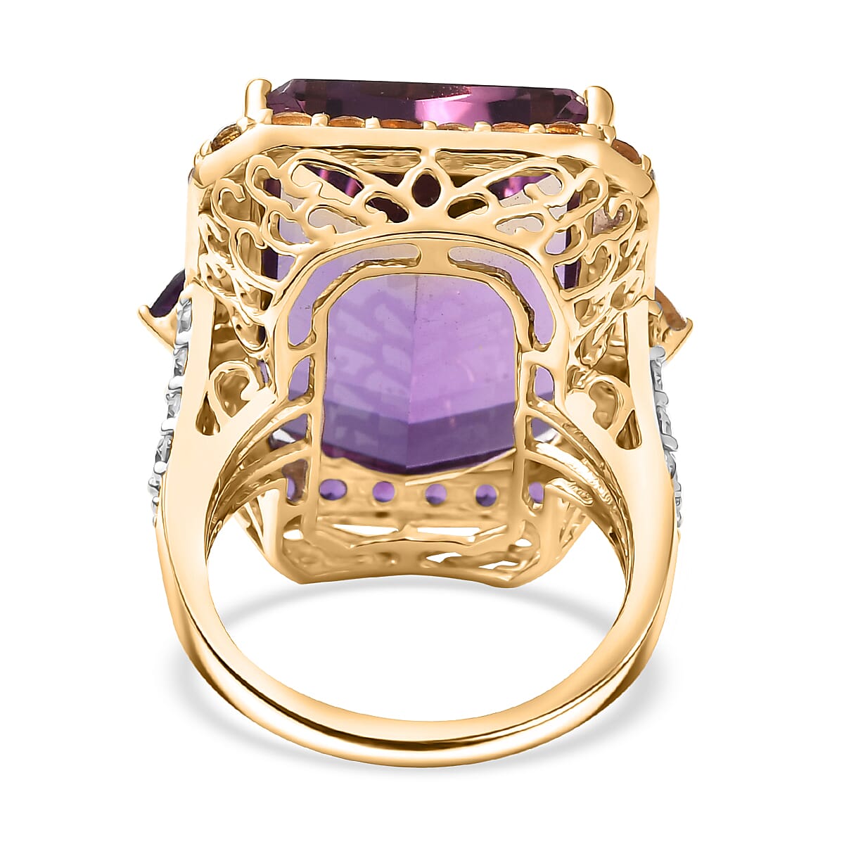 9K Yellow Gold AAA Ametrine, Citrine, Moissanite & African Amethyst Ring 22.46 Ct, Gold Wt.5.23 Gms
