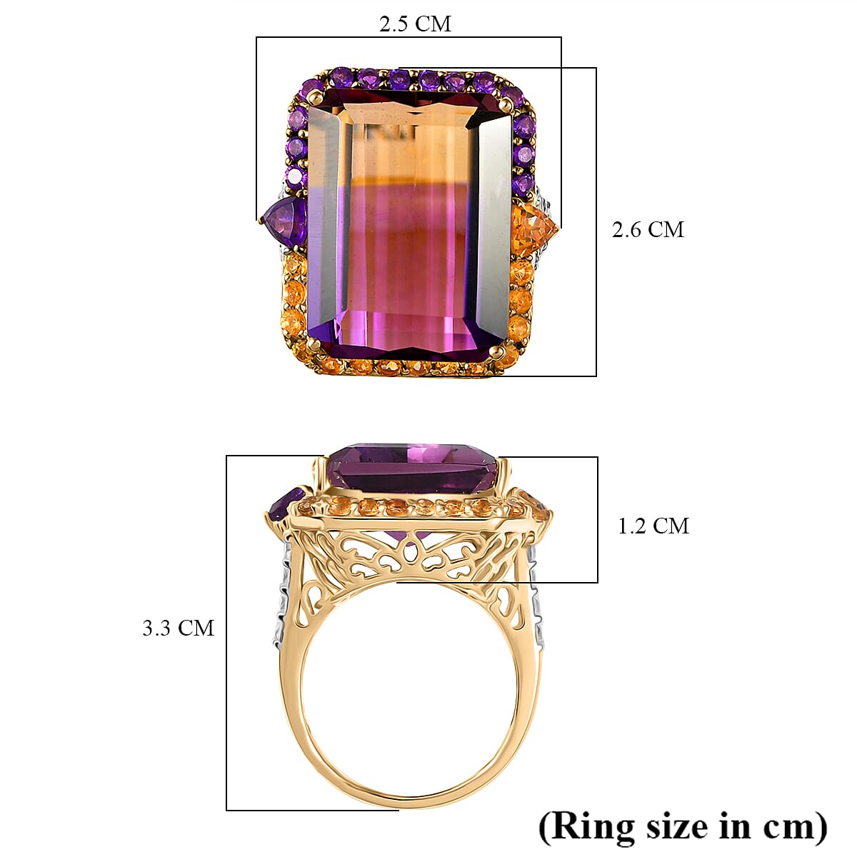 9K Yellow Gold AAA Ametrine, Citrine, Moissanite & African Amethyst Ring 22.46 Ct, Gold Wt.5.23 Gms
