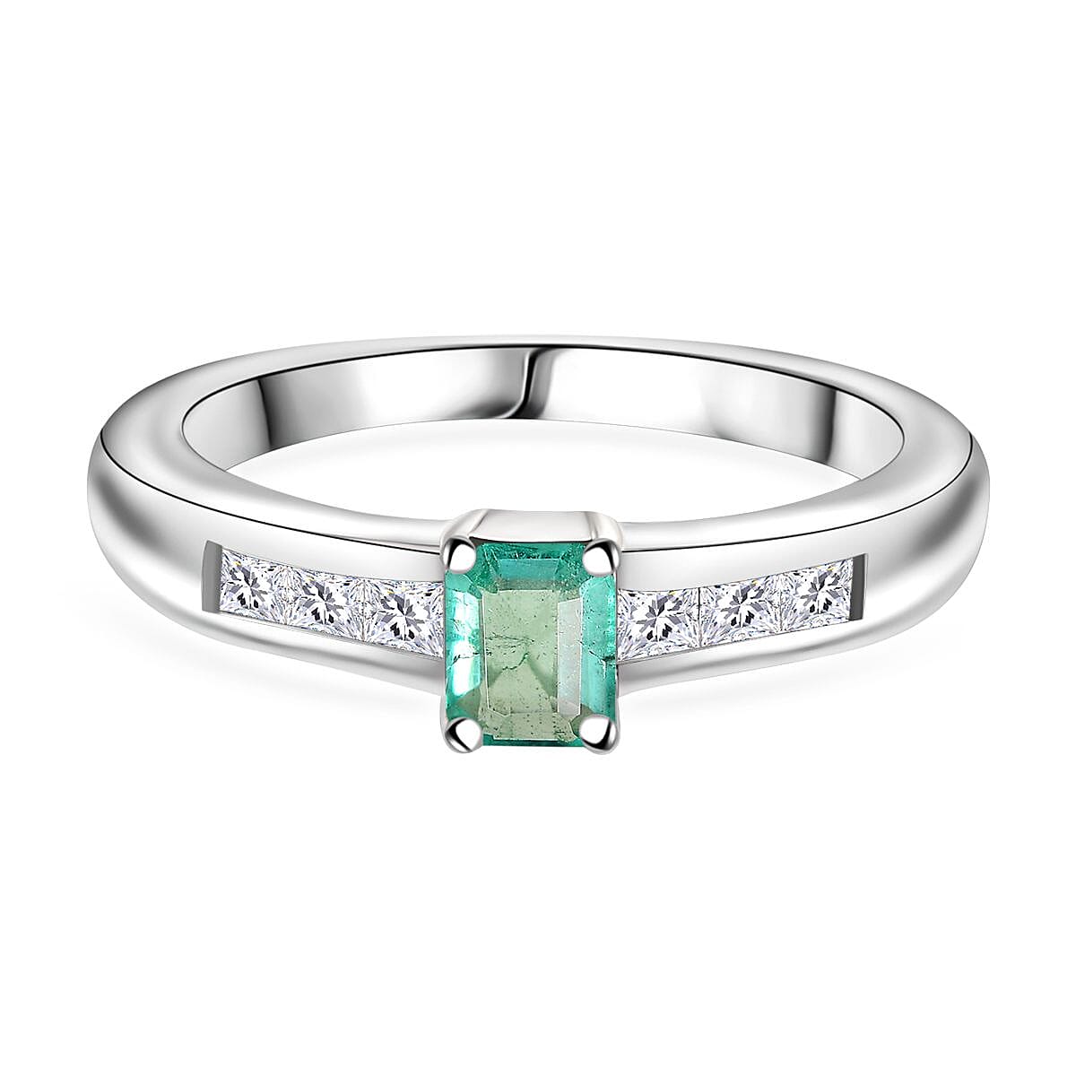 Colombian Emerald & Moissanite Solitaire Ring in Rhodium Overlay Sterling Silver