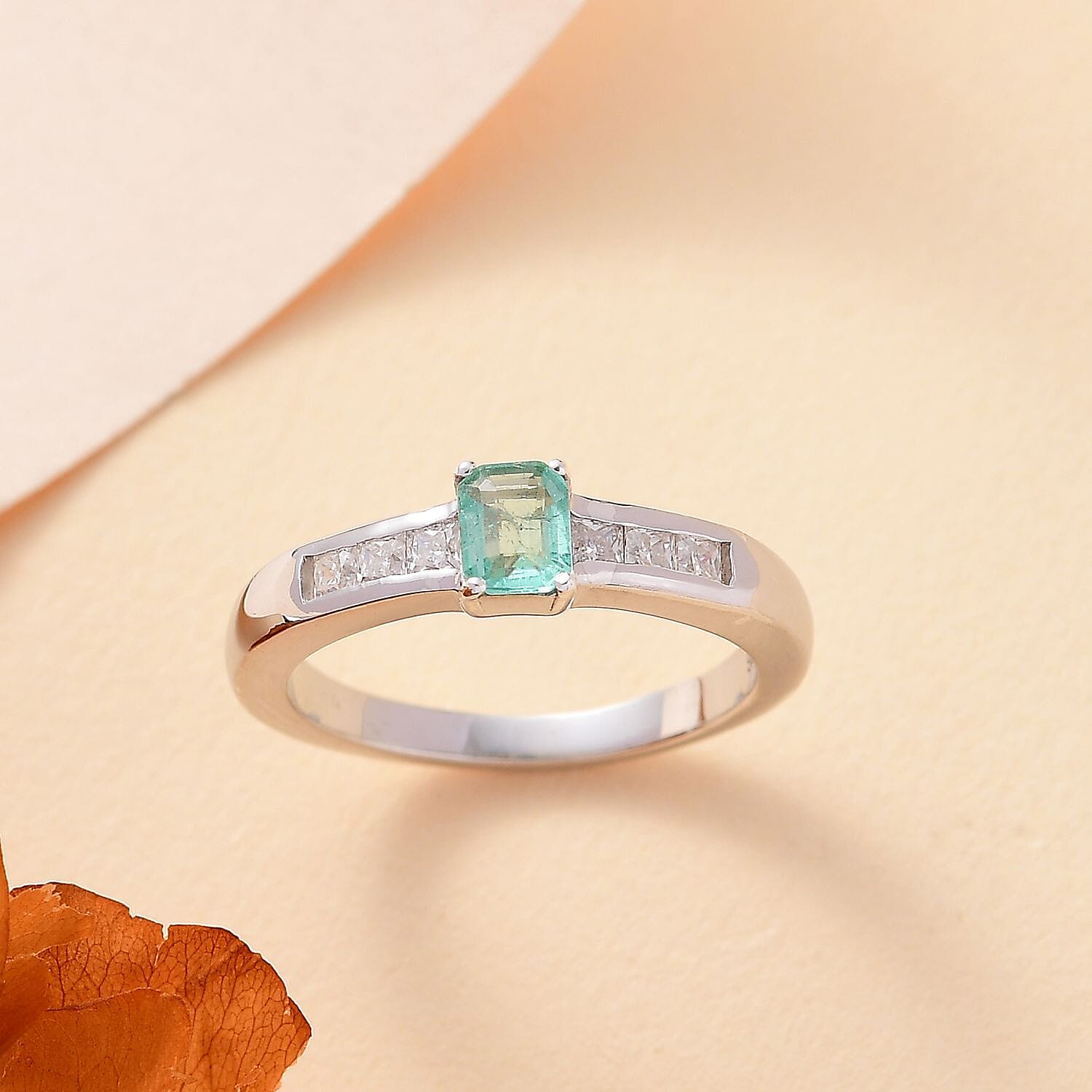 Colombian Emerald & Moissanite Solitaire Ring in Rhodium Overlay Sterling Silver