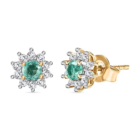 Colombian Emerald ,  White Zircon  Solitaire Stud Push Post Earring in 18K YG Vermeil Sterling Silver 0.95 ct  0.726  Ct.