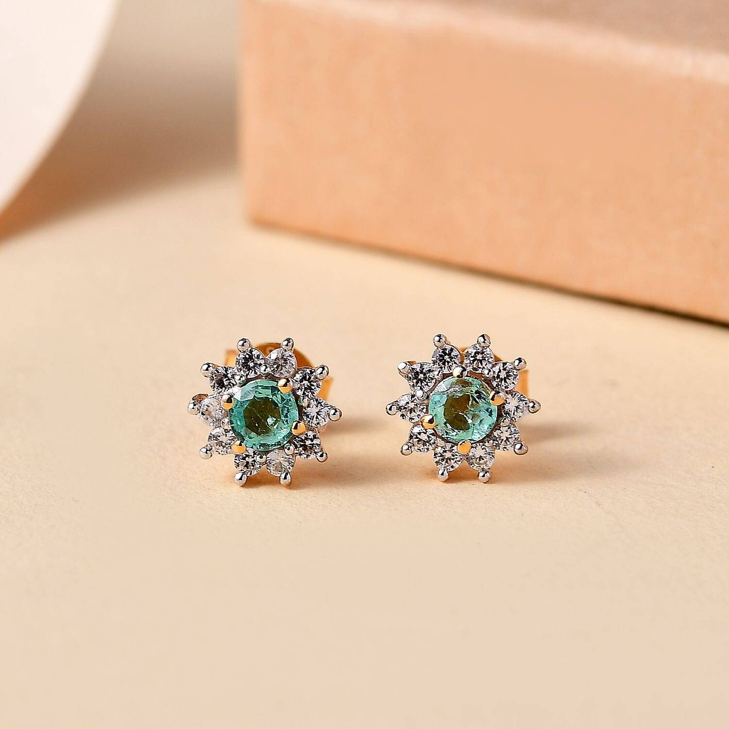 Colombian Emerald, White Zircon Solitaire Stud Push Post Earring in 18K YG Vermeil Sterling Silver 1 ct