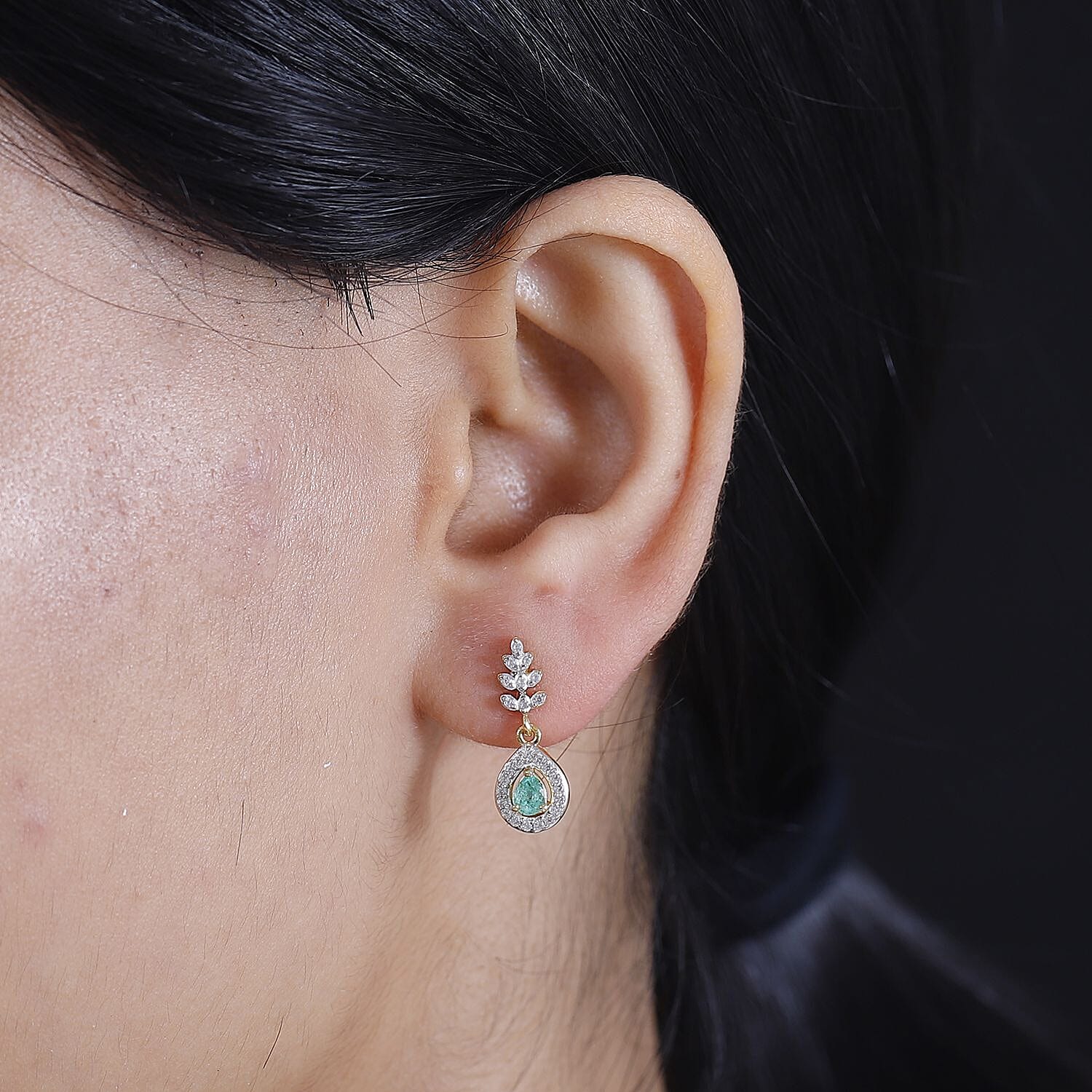 Colombian Emerald & White Zircon Dangling Earring in 18K Vermeil Yellow Gold Plated Sterling Silver