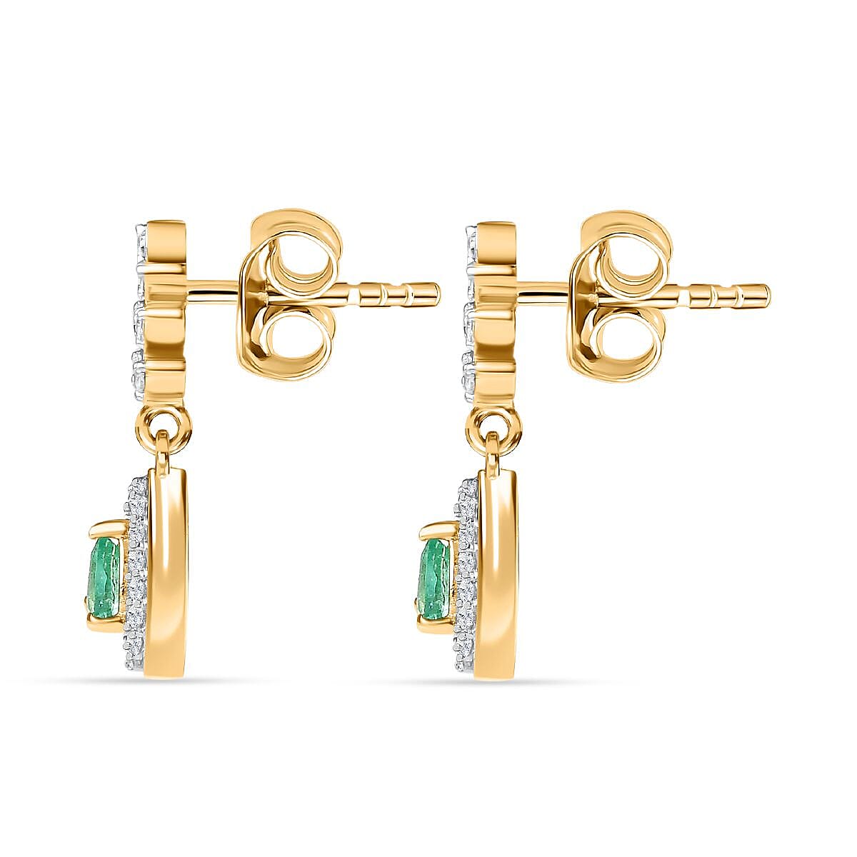 Colombian Emerald & White Zircon Dangling Earring in 18K Vermeil Yellow Gold Plated Sterling Silver