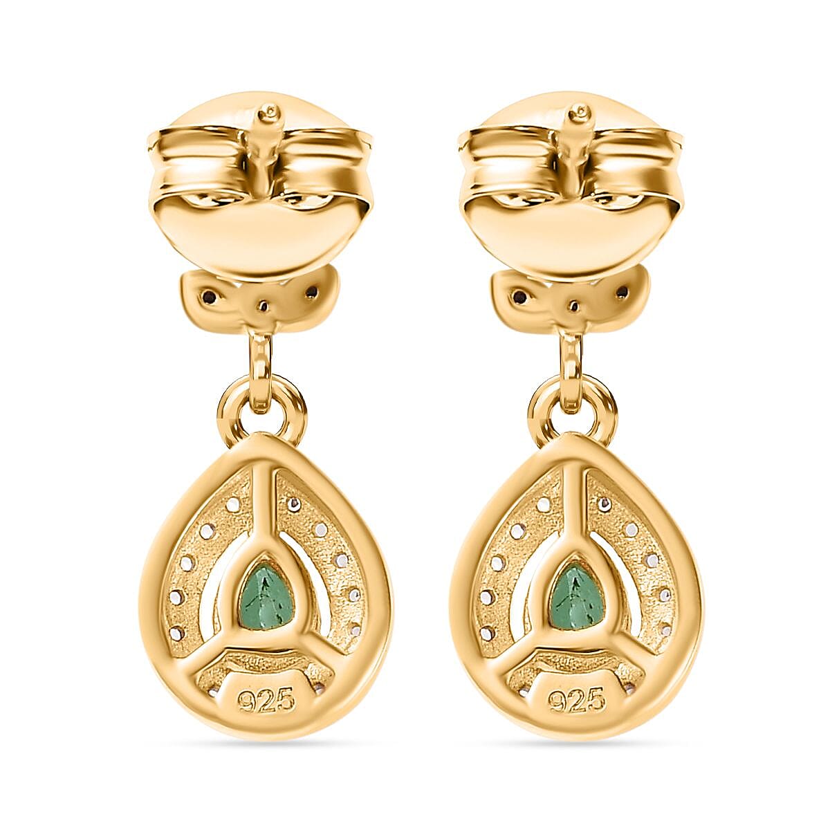 Colombian Emerald & White Zircon Dangling Earring in 18K Vermeil Yellow Gold Plated Sterling Silver