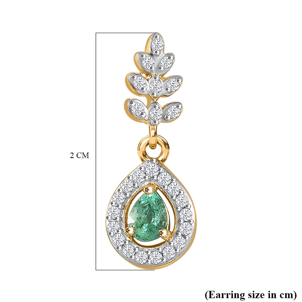 Colombian Emerald & White Zircon Dangling Earring in 18K Vermeil Yellow Gold Plated Sterling Silver