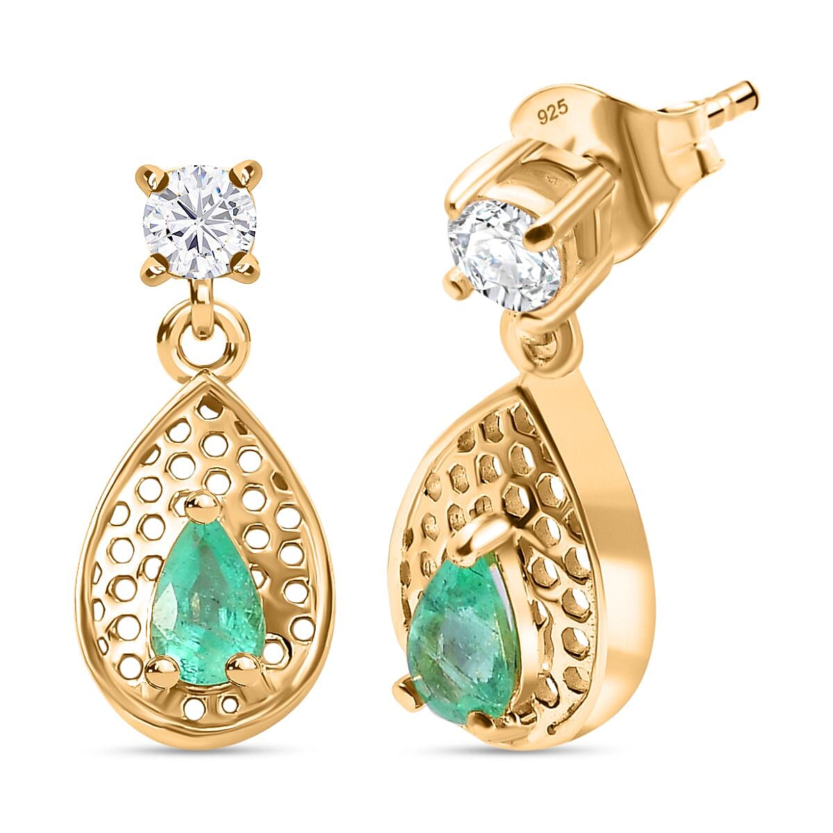Colombian Emerald & White Zircon Dangling Earring in 18K Vermeil Yellow Gold Plated Sterling Silver 0.76 Ct.