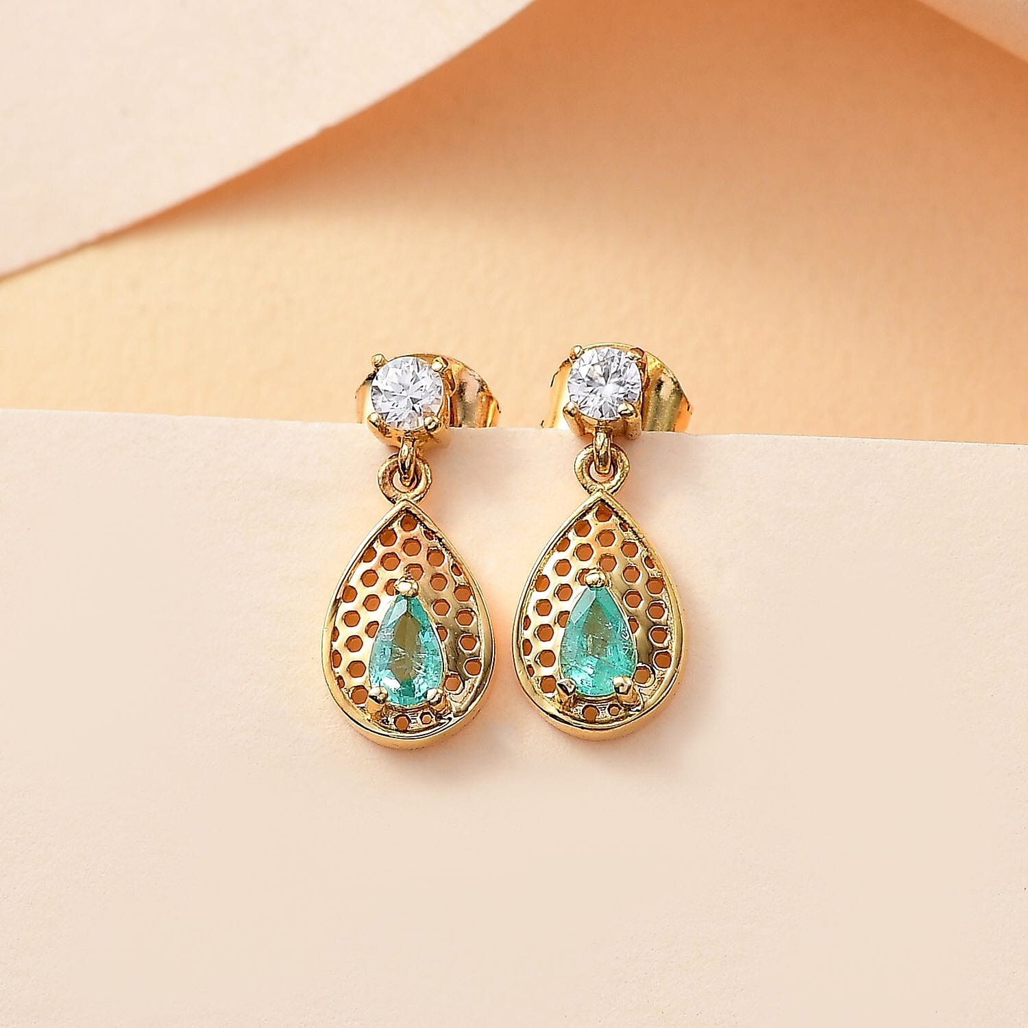 Colombian Emerald & White Zircon Dangling Earring in 18K Vermeil Yellow Gold Plated Sterling Silver 0.76 Ct.