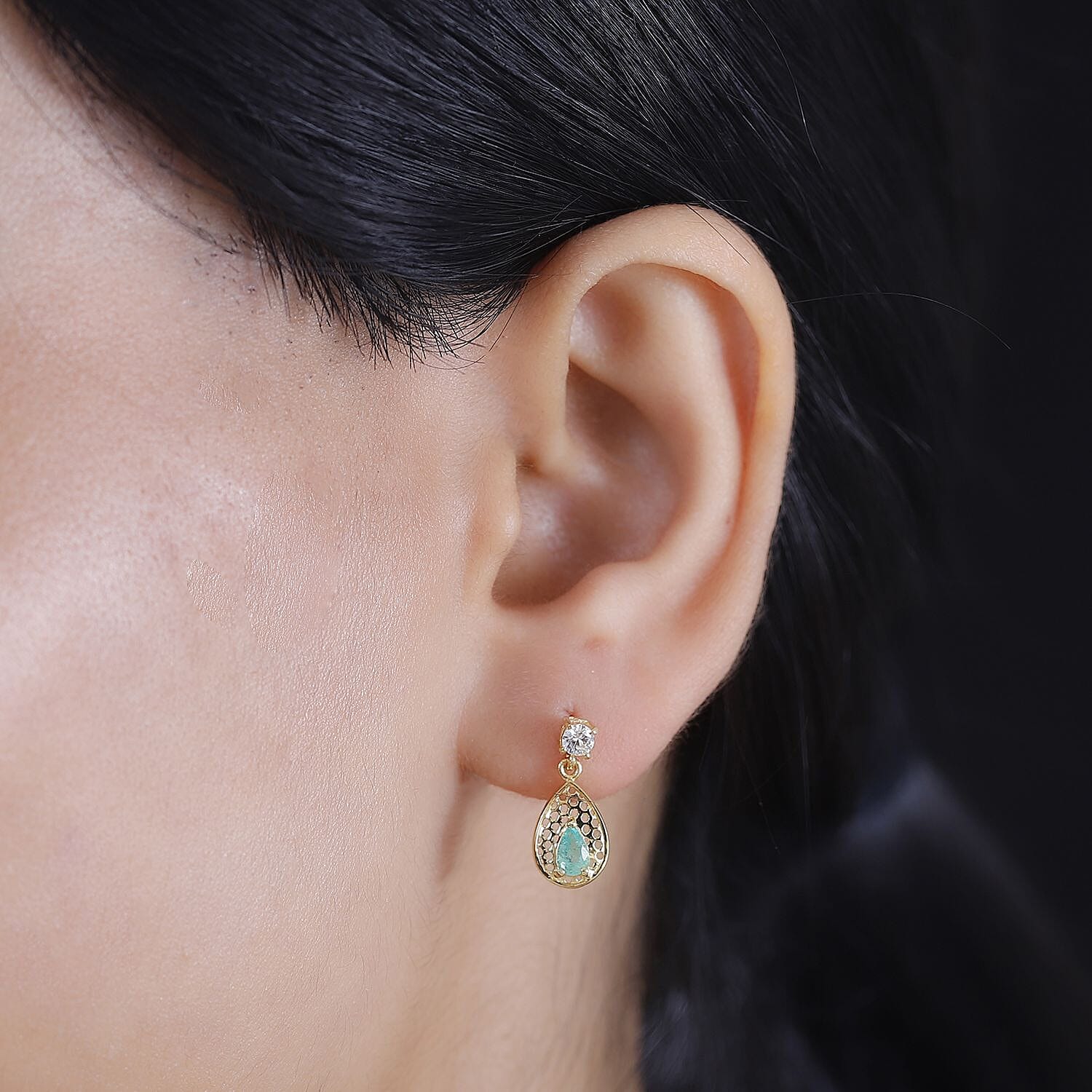 Colombian Emerald & White Zircon Dangling Earring in 18K Vermeil Yellow Gold Plated Sterling Silver 0.76 Ct.