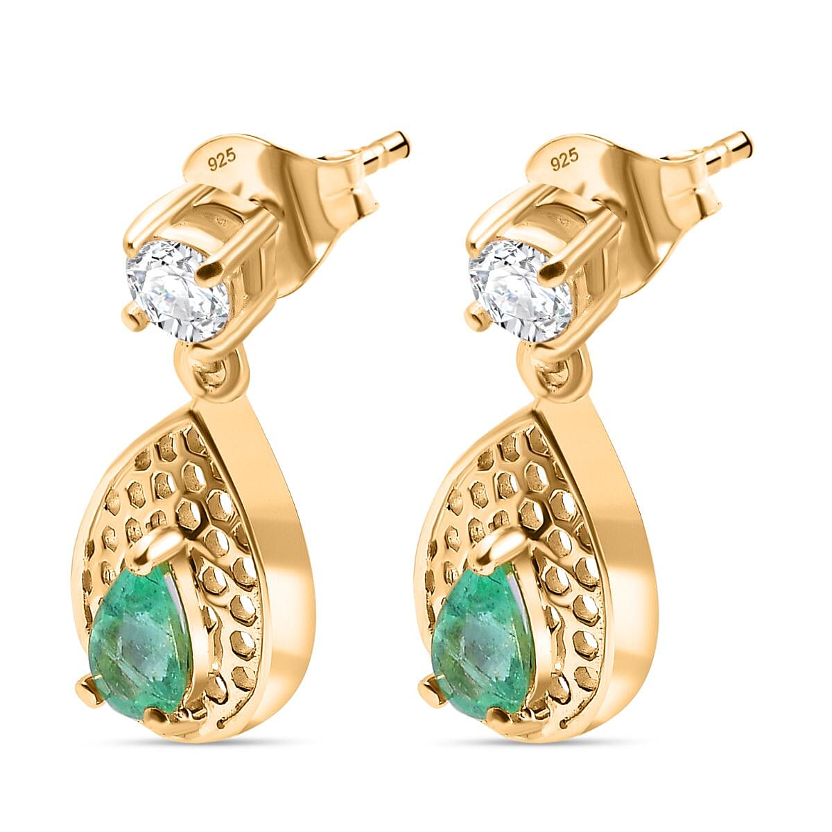Colombian Emerald & White Zircon Dangling Earring in 18K Vermeil Yellow Gold Plated Sterling Silver 0.76 Ct.