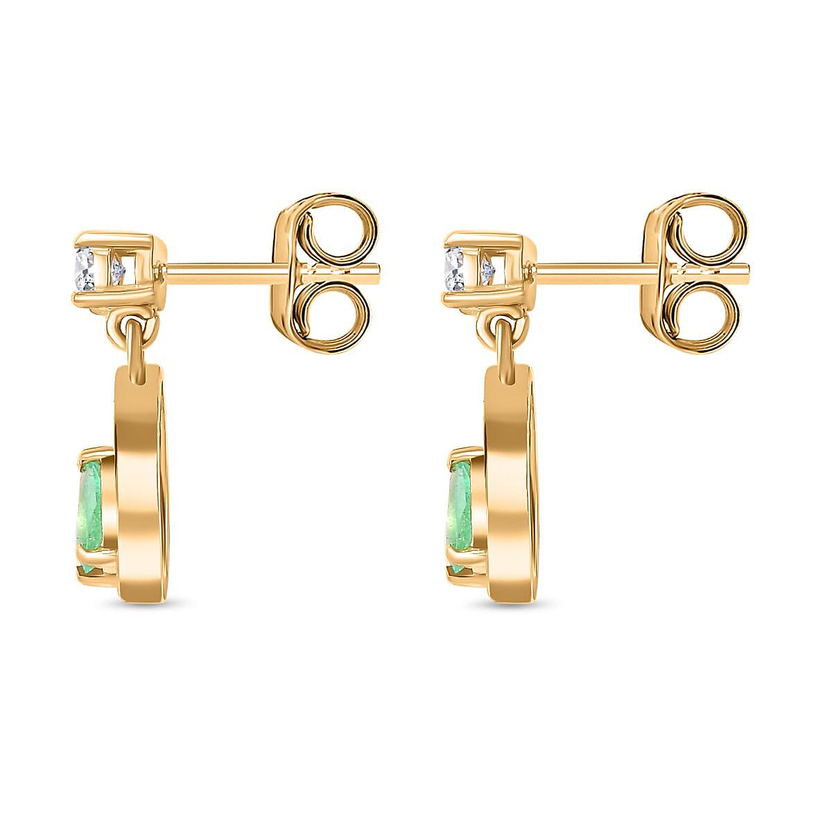 Colombian Emerald & White Zircon Dangling Earring in 18K Vermeil Yellow Gold Plated Sterling Silver 0.76 Ct.