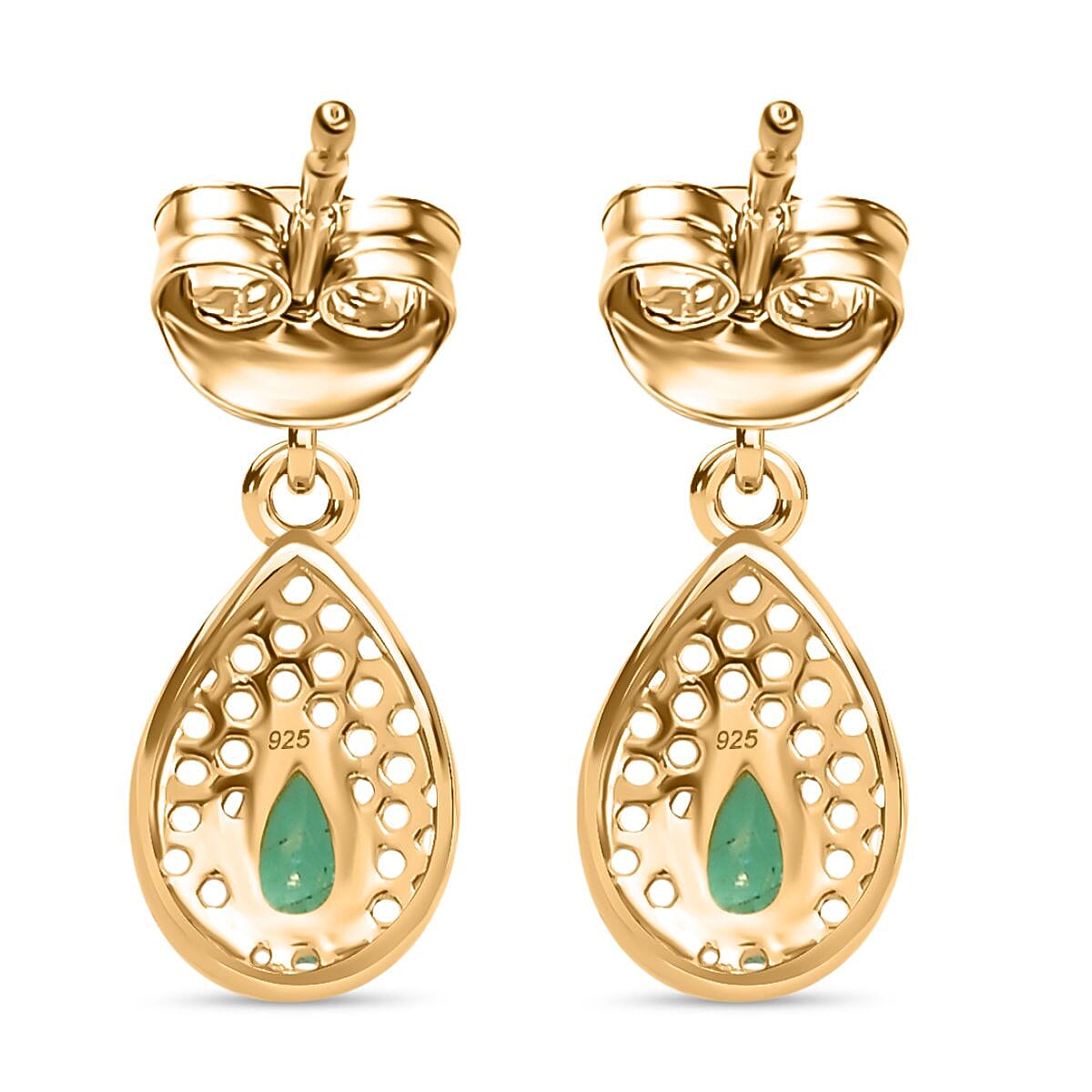 Colombian Emerald & White Zircon Dangling Earring in 18K Vermeil Yellow Gold Plated Sterling Silver 0.76 Ct.