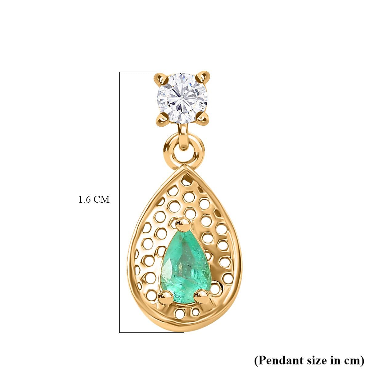 Colombian Emerald & White Zircon Dangling Earring in 18K Vermeil Yellow Gold Plated Sterling Silver 0.76 Ct.