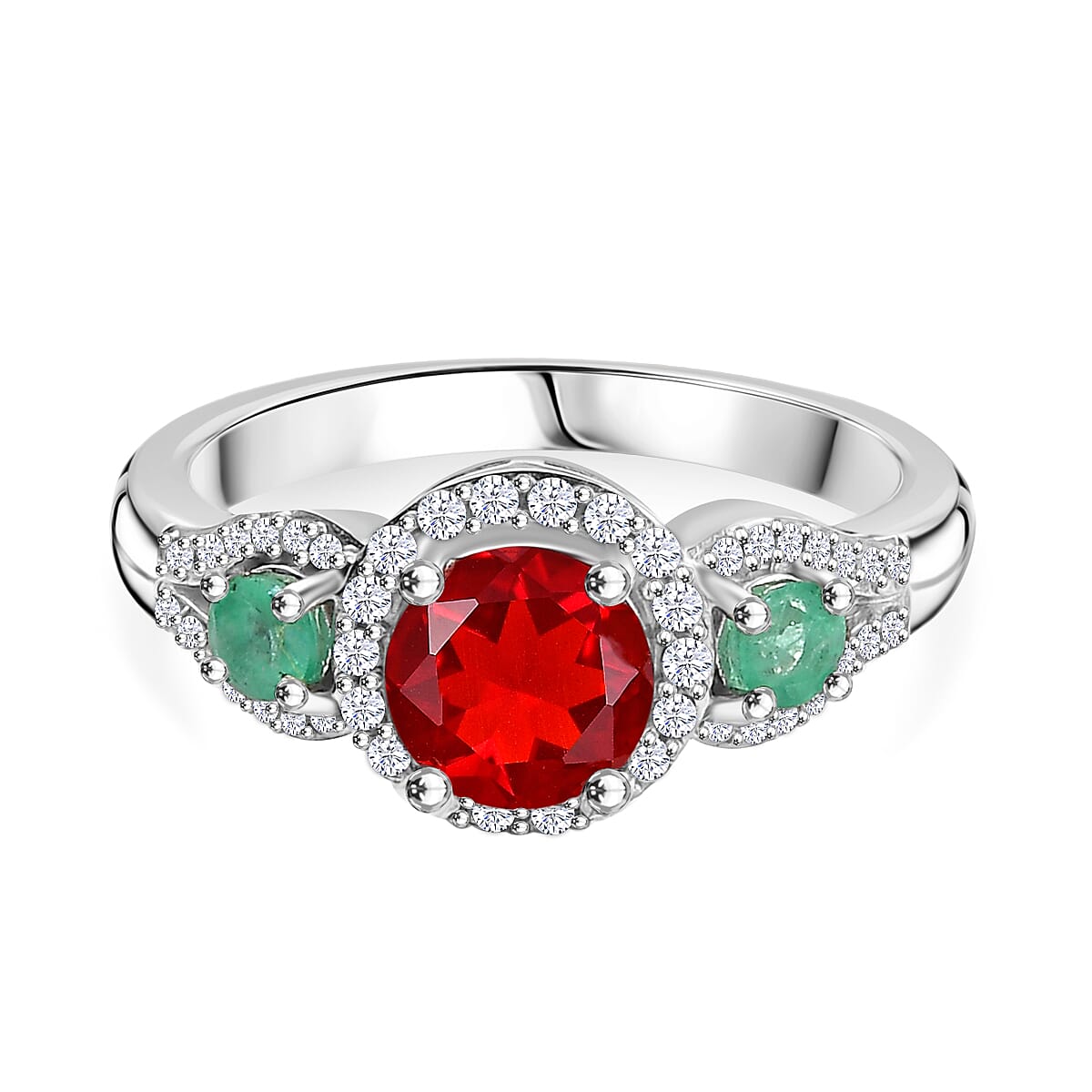 Cherry Fire Opal, Emerald & White Zircon Ring in Rhodium Sterling Silver 1.24 ct