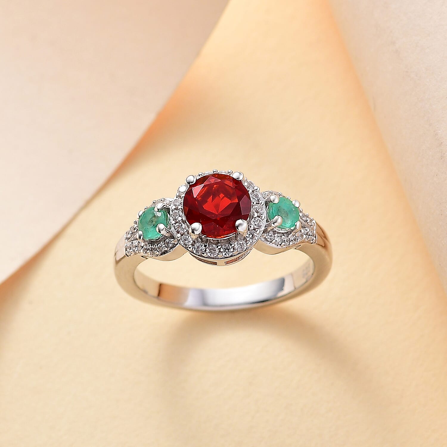 Cherry Fire Opal, Emerald & White Zircon Ring in Rhodium Sterling Silver 1.24 ct
