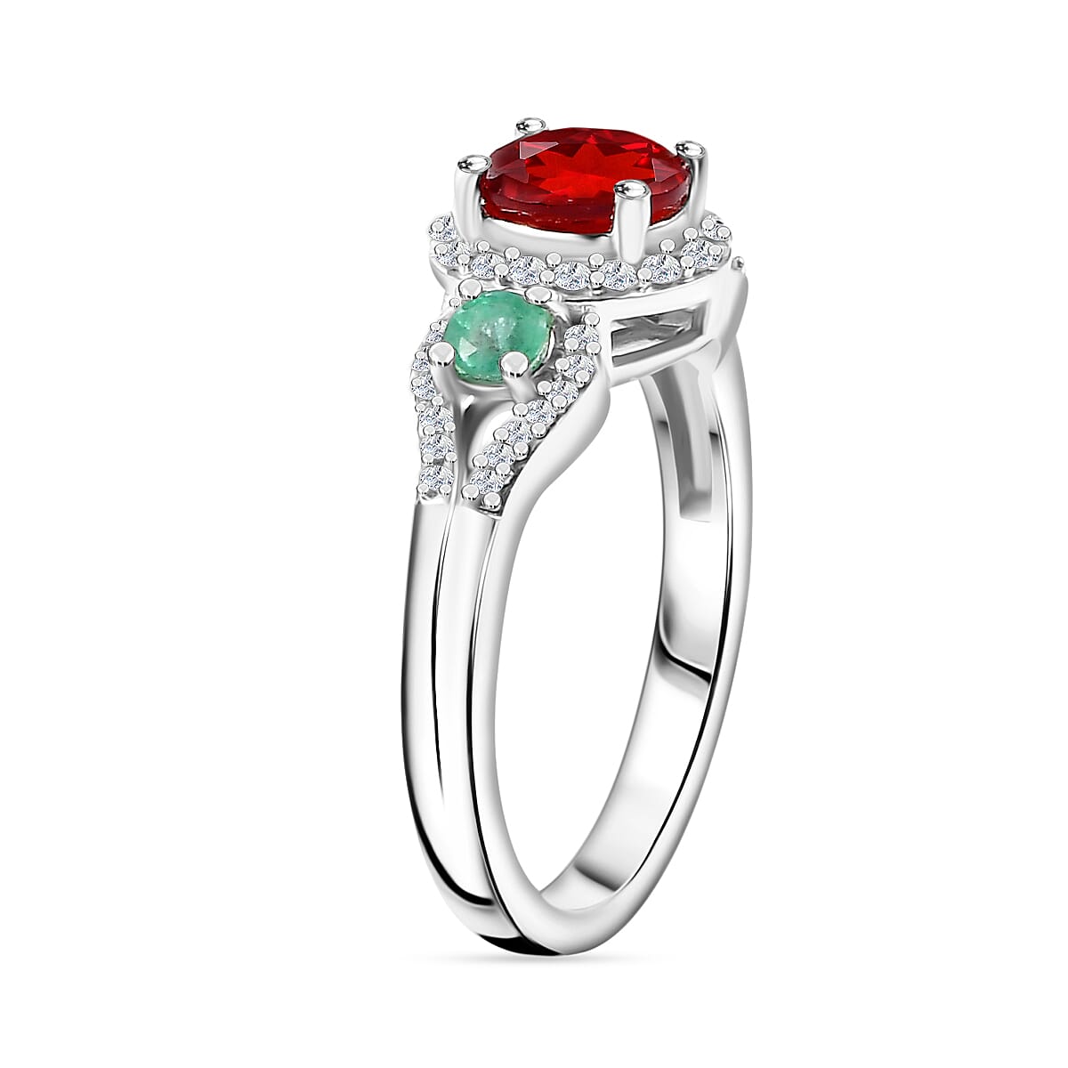 Cherry Fire Opal, Emerald & White Zircon Ring in Rhodium Sterling Silver 1.24 ct