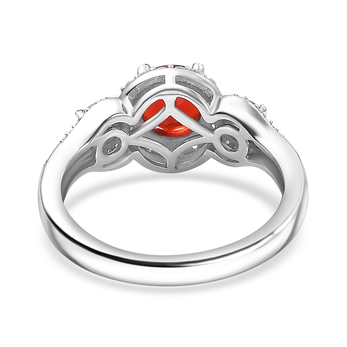 Cherry Fire Opal, Emerald & White Zircon Ring in Rhodium Sterling Silver 1.24 ct