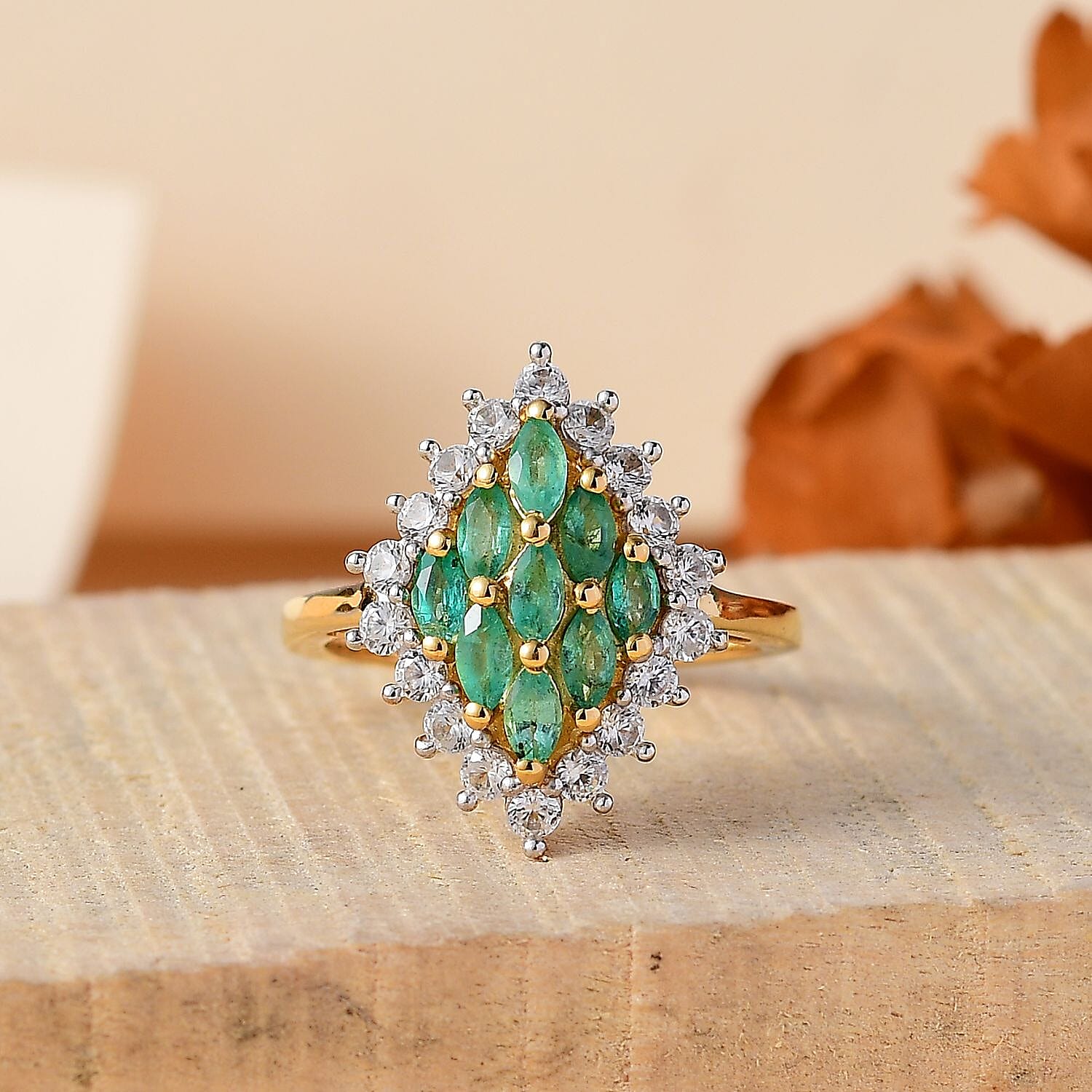 AAA Gemfields Premium Emerald, Natural White Zircon Ring in 18K Vermeil Yellow Gold Overlay Sterling Silver 1.50 Ct.