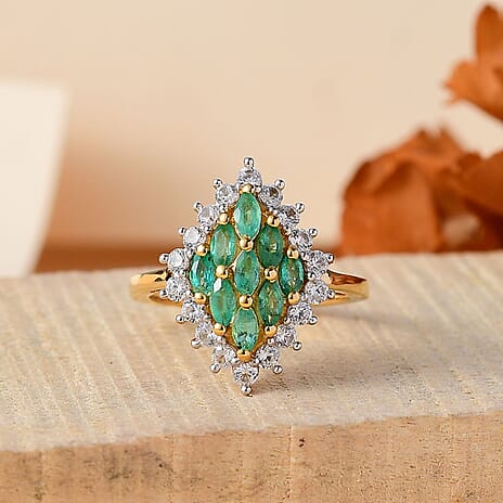 AAA Gemfields Premium Emerald, Natural White Zircon Ring in 18K Vermeil Yellow Gold Overlay Sterling Silver 1.50 Ct.