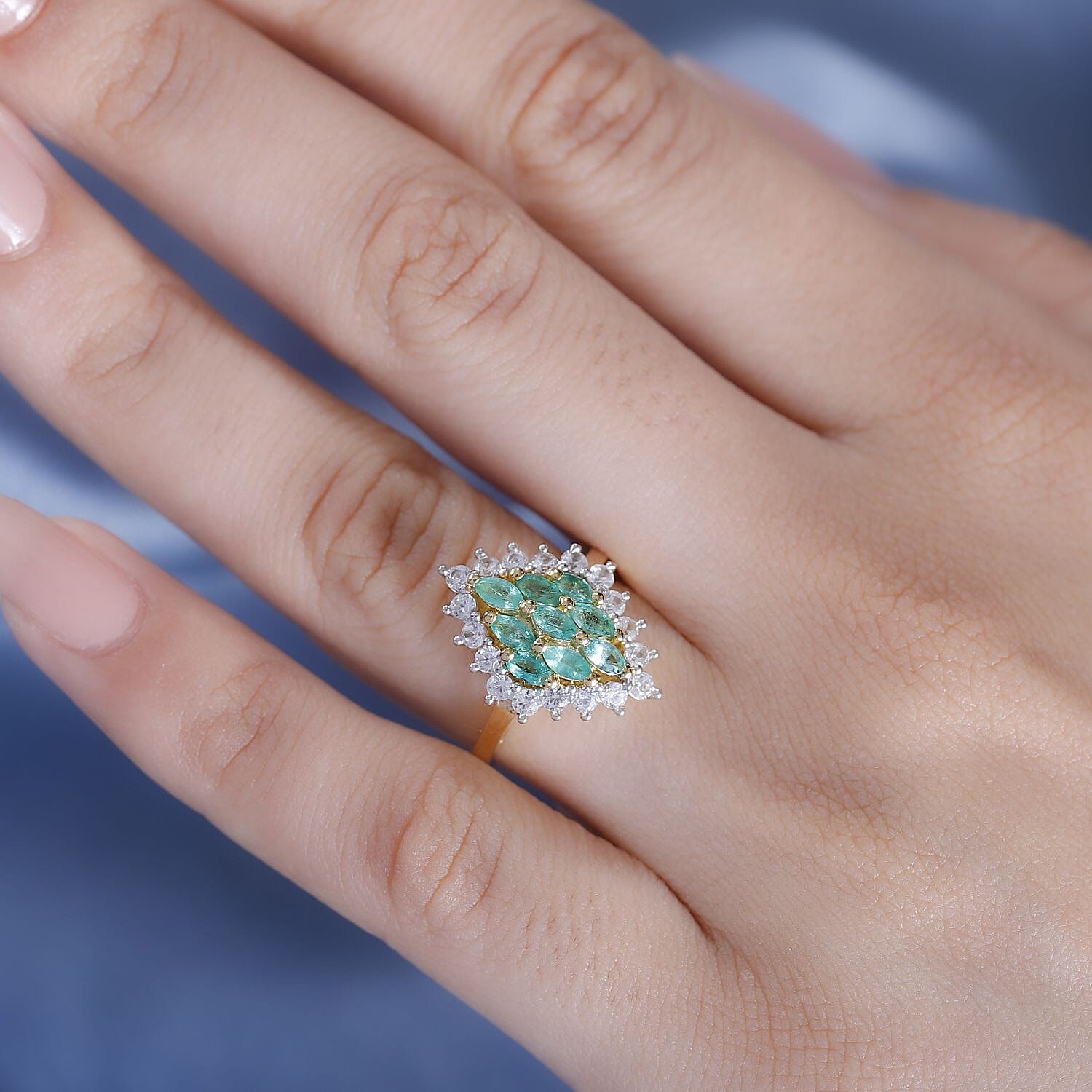 AAA Gemfields Premium Emerald, Natural White Zircon Ring in 18K Vermeil Yellow Gold Overlay Sterling Silver 1.50 Ct.