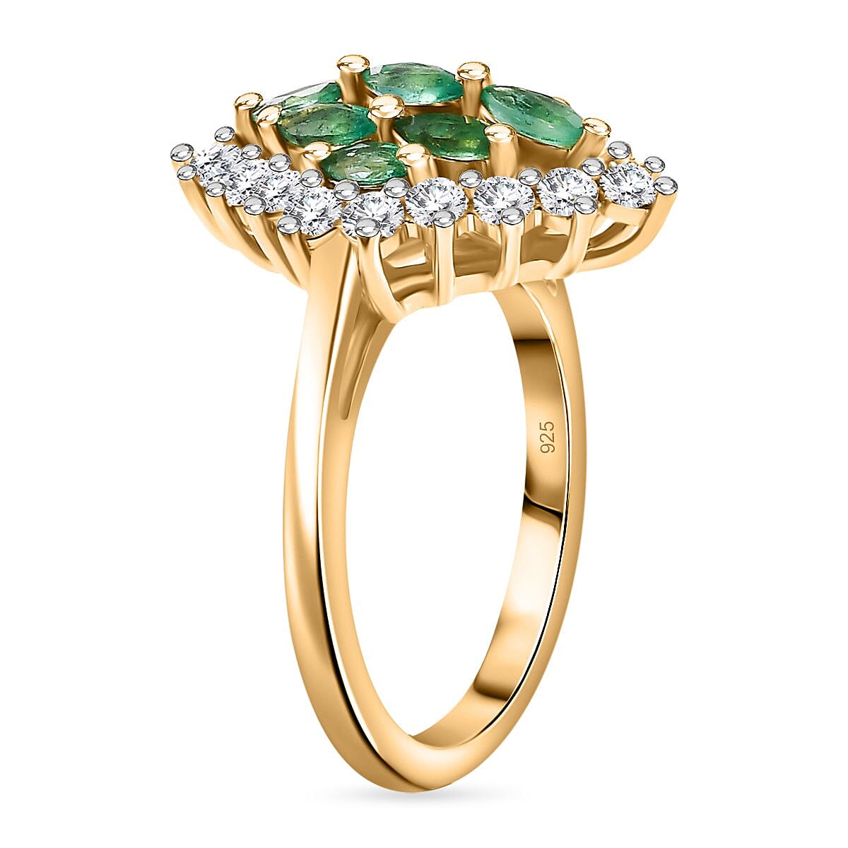 AAA Gemfields Premium Emerald, Natural White Zircon Ring in 18K Vermeil Yellow Gold Overlay Sterling Silver 1.50 Ct.