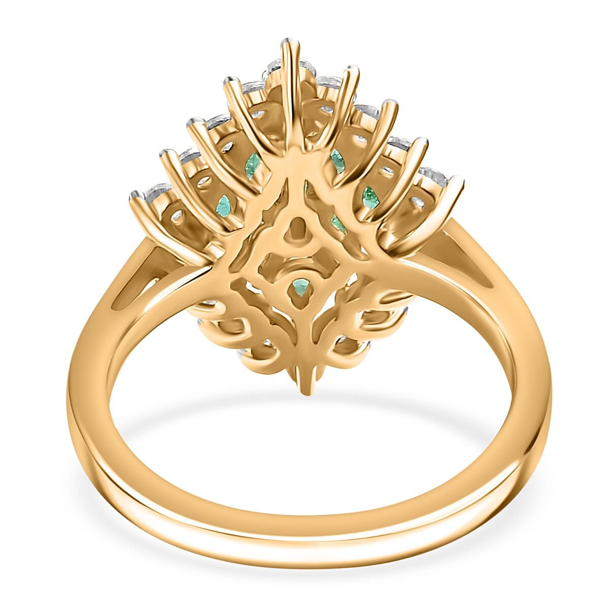 AAA Gemfields Premium Emerald, Natural White Zircon Ring in 18K Vermeil Yellow Gold Overlay Sterling Silver 1.50 Ct.