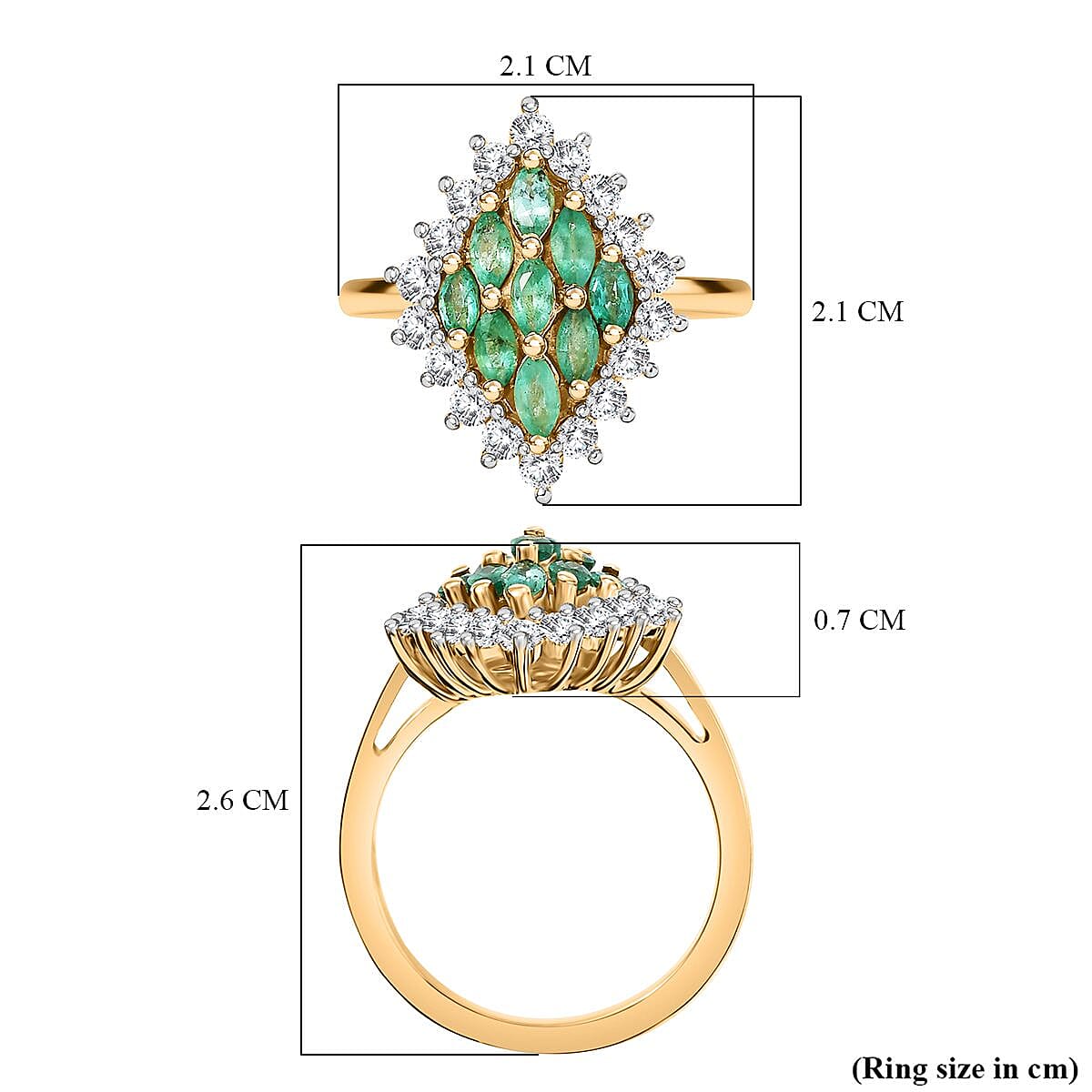 AAA Gemfields Premium Emerald, Natural White Zircon Ring in 18K Vermeil Yellow Gold Overlay Sterling Silver 1.50 Ct.
