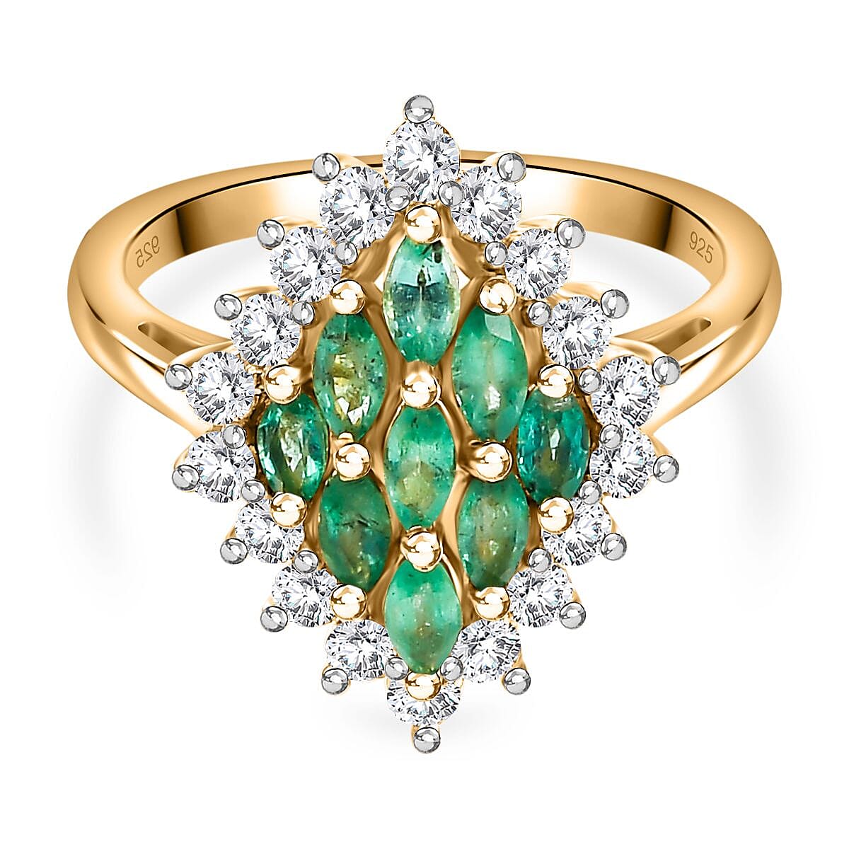 Premium Emerald, White Zircon Cluster Ring in 18K Yellow Gold Vermeil Plated Sterling Silver 1.49 ct.