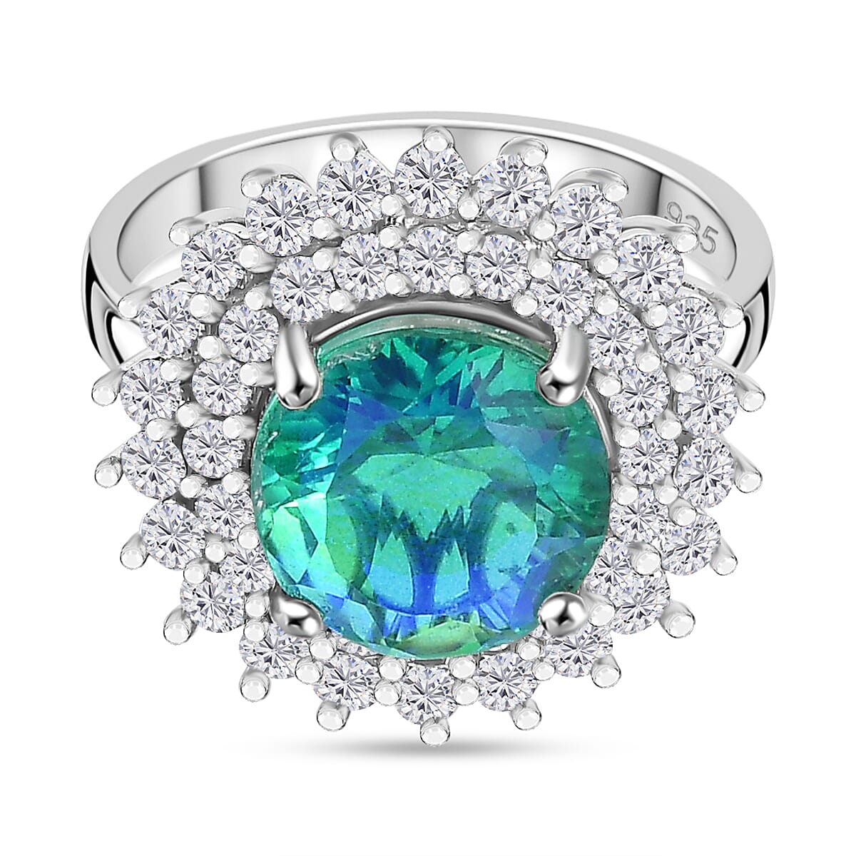 Peacock Triplet Quartz & White Zircon Ring in Rhodium Overlay Sterling Silver 5.89 Ct.