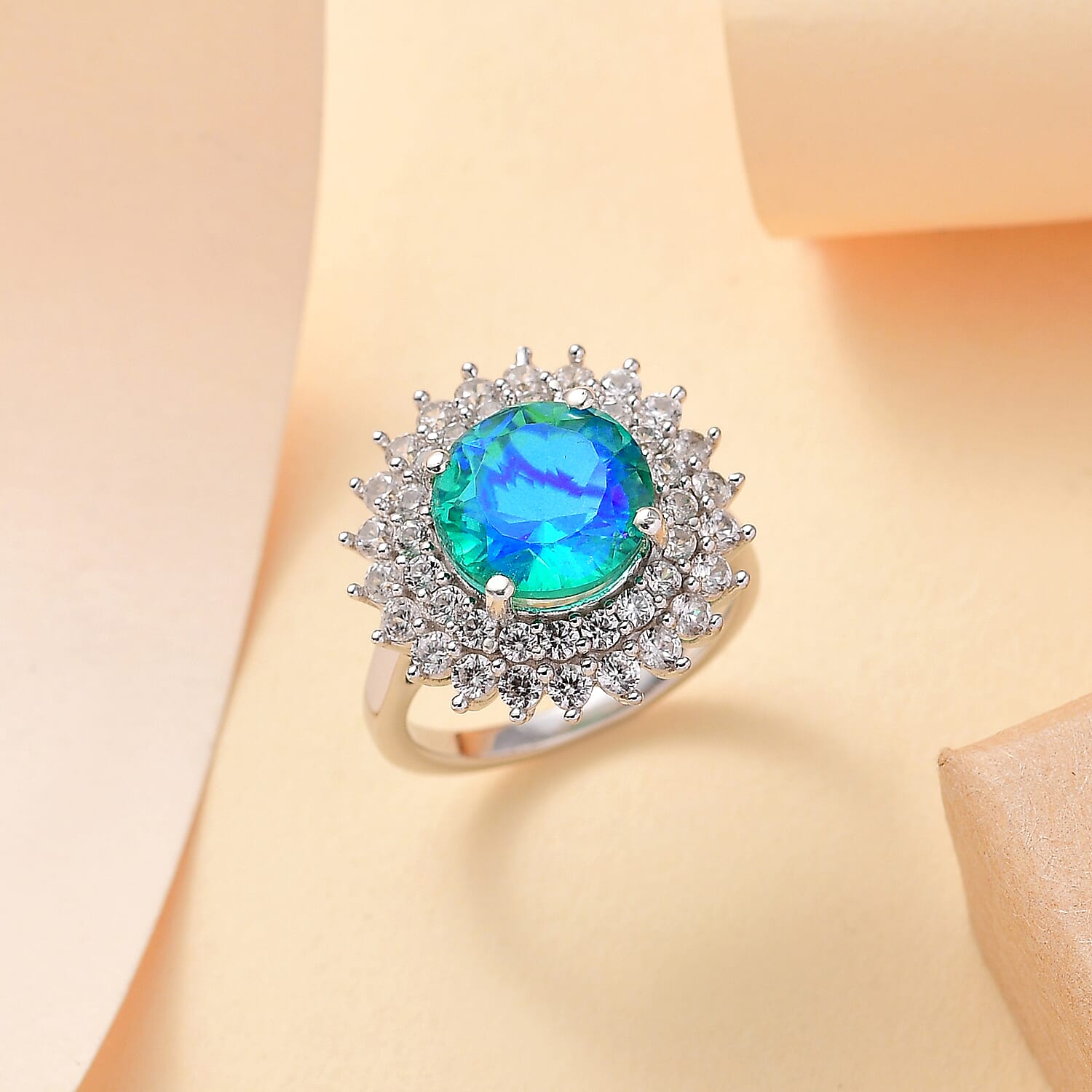 Peacock Triplet Quartz & White Zircon Ring in Rhodium Overlay Sterling Silver 5.89 Ct.