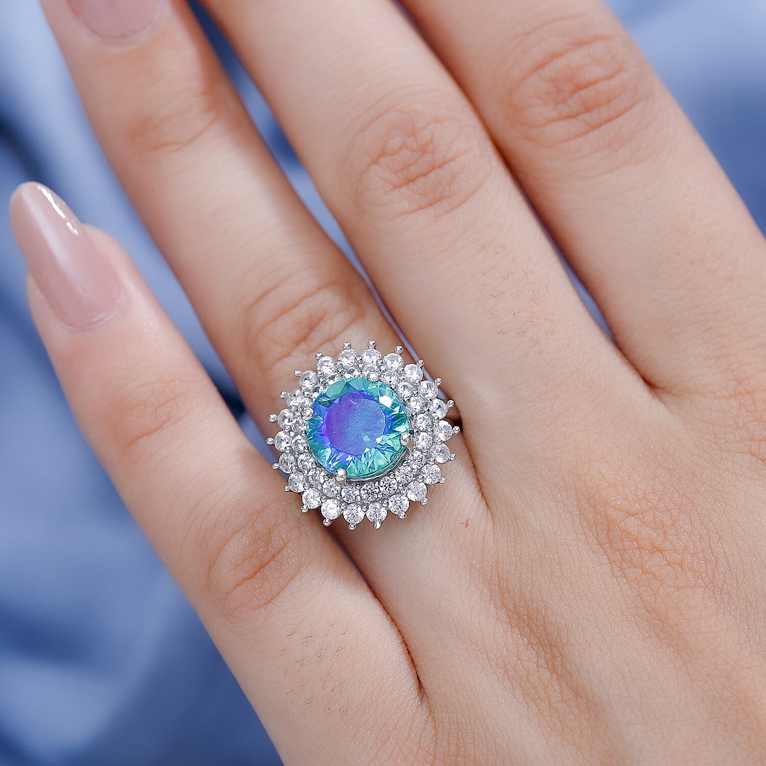 Peacock Triplet Quartz & White Zircon Ring in Rhodium Overlay Sterling Silver 5.89 Ct.