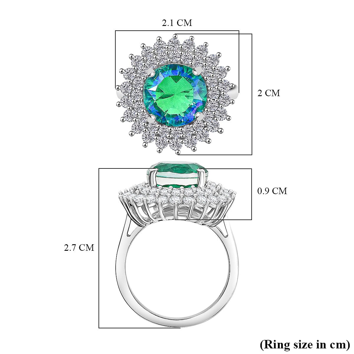 Peacock Triplet Quartz & White Zircon Ring in Rhodium Overlay Sterling Silver 5.89 Ct.