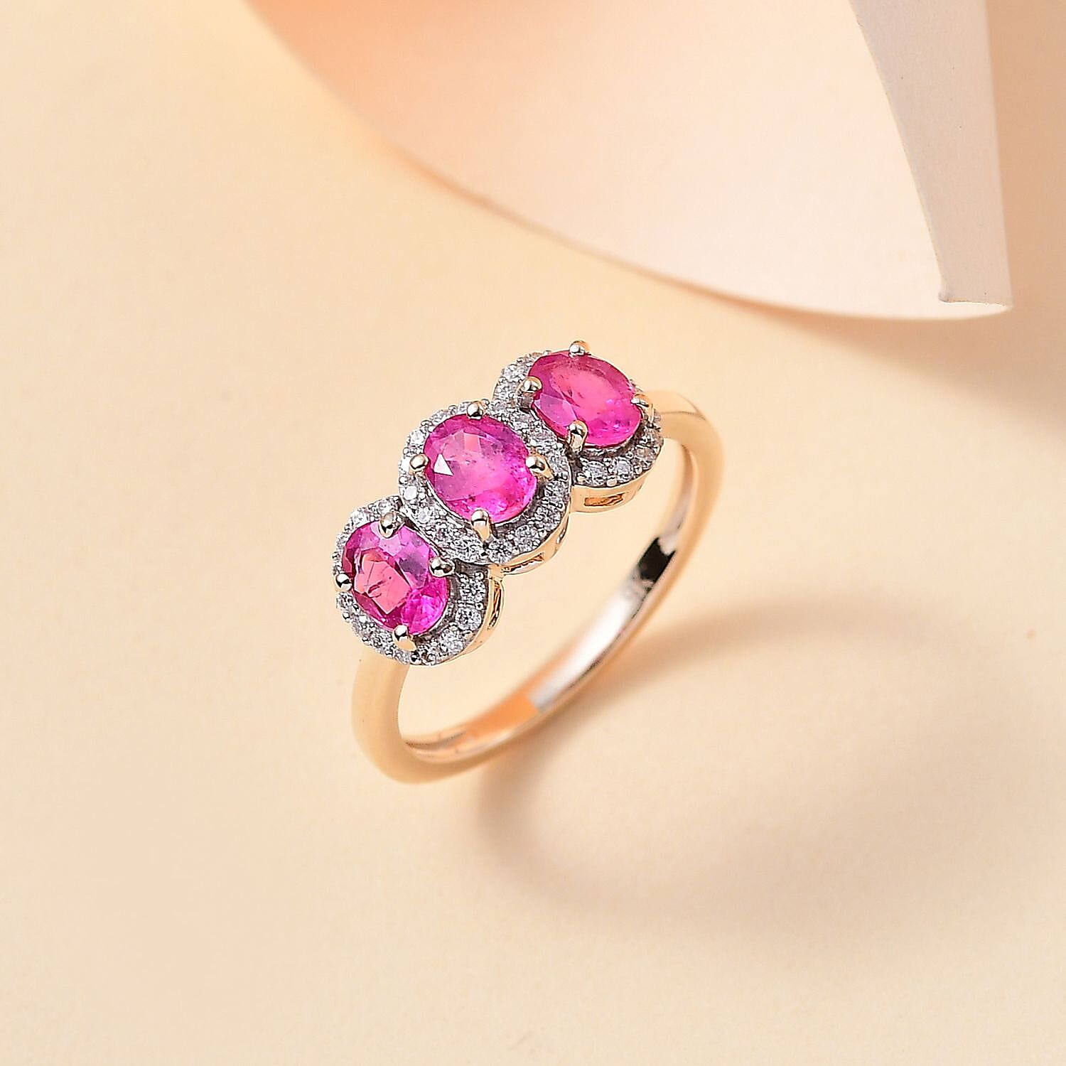 First Time Ever 9K Yellow Gold Mozambique Pink Sapphire & Moissanite Ring 1.60 Ct.