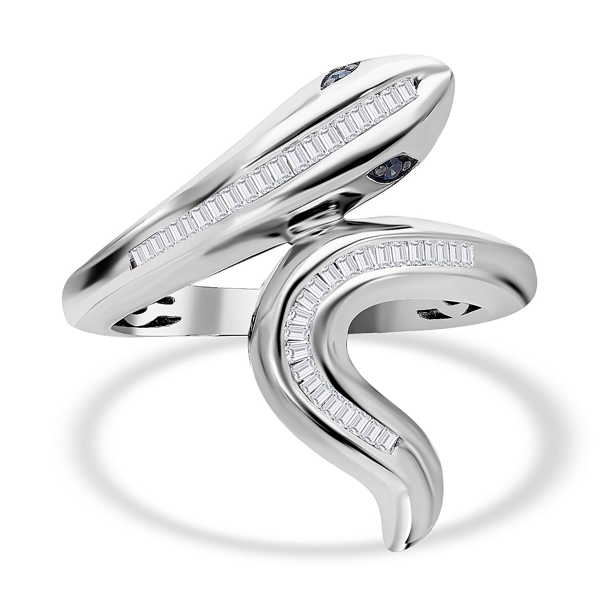 Serpent Year 2025 Deal - White and Blue Diamond Serpent Ring in Platinum Overlay Sterling Silver