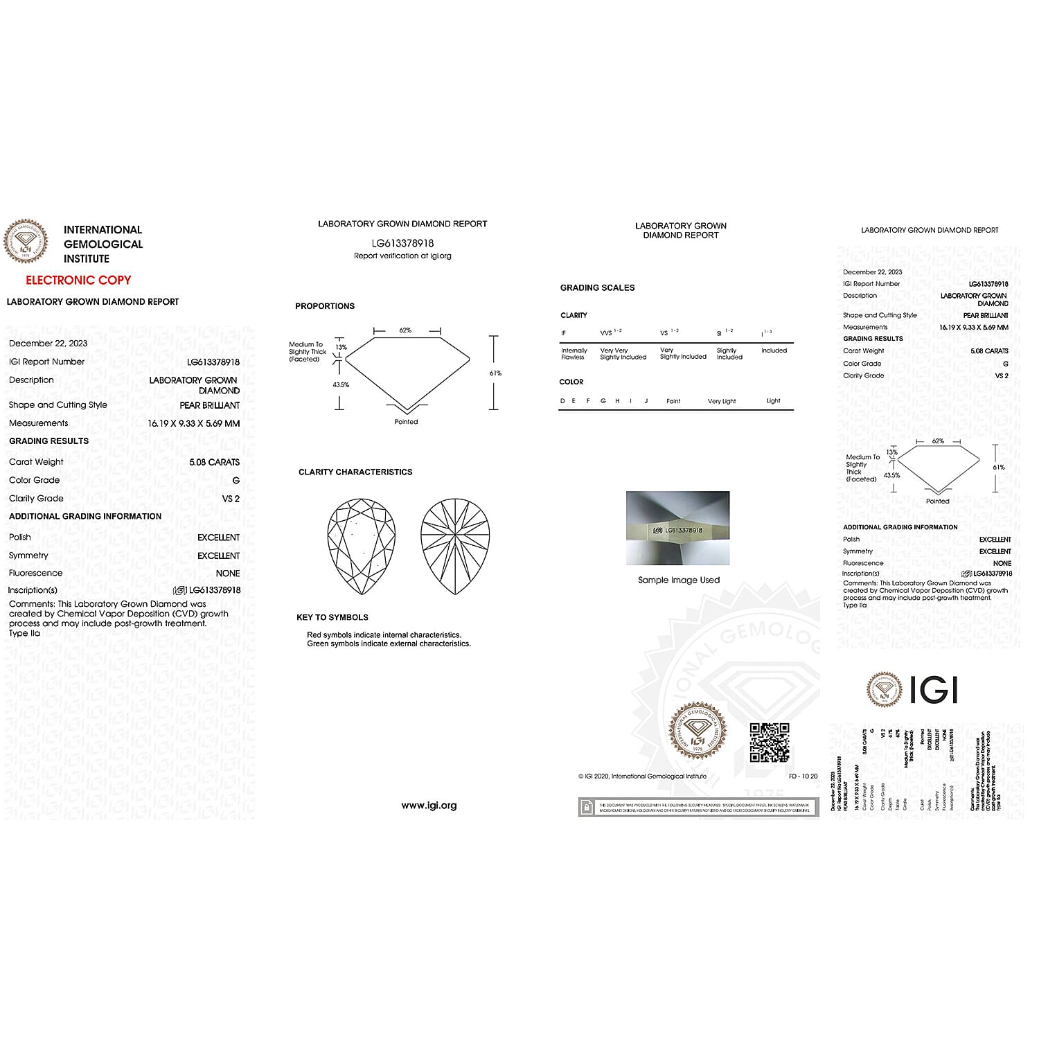 Luxuriant Diamond - 5 Cts Lab Grown Diamond Pear IGI certified VS-G (Size Dimension 15.64x 9.70x5.8mm) .